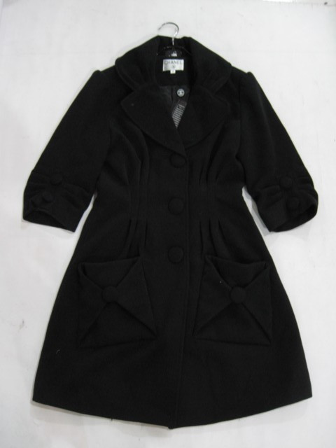 91006A-36A  CHANEL BLACK WOOL&COTTON OVERCOAT SIZE 2 4 6 PRICE U