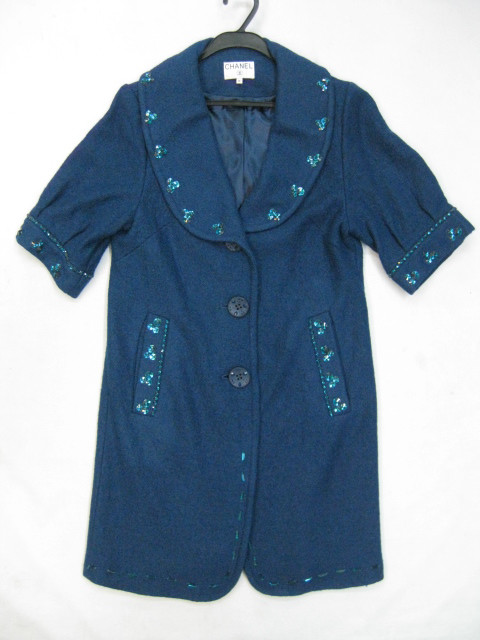 91008A-11  CHANEL BLUE WOOL&COTTON  COAT SIZE 2 4 6 PRICE USD63