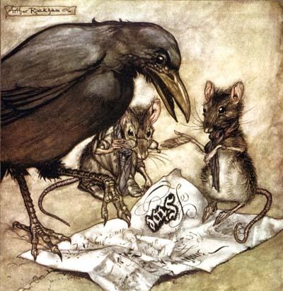 Crow and mice (Arthur Rackham)